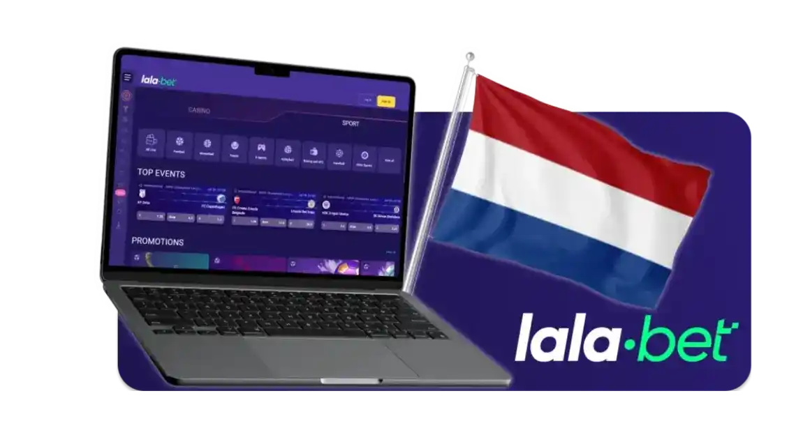 LalaBet-interface op een laptop met een vlag op de achtergrond